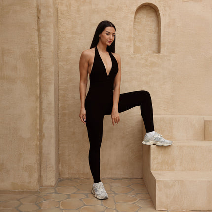 Women’s Halter Ruched Back Jumpsuit – Fitted Leg