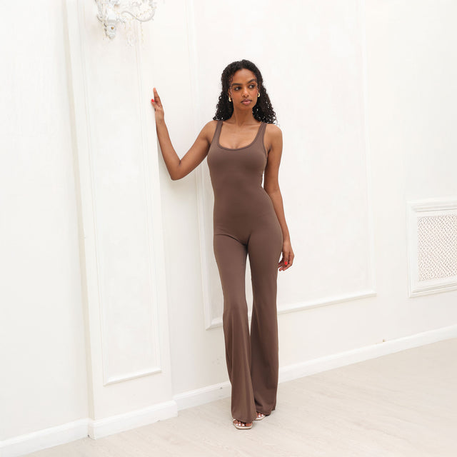 Women’s Scoop Back Ruched Flare Jumpsuit – Flared Leg